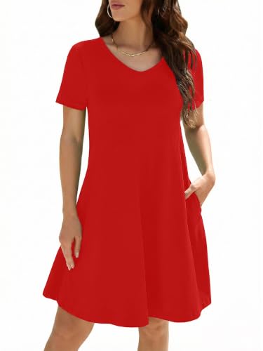 Image of KORSIS Dresses for Women Casual T-Shirt Summer Short Sleeve Loose Comfy Dress Swing Flowy Beach Vacation Sundress with Pocket
