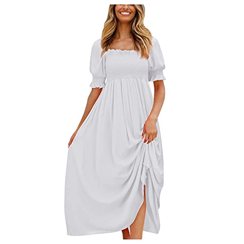 Women Summer Boho Floral Cottagecore Dresses Puff Sleeve Ruched Wrap Casual Vintage Square Neck High Slit Maxi Dress, Yellow, Medium