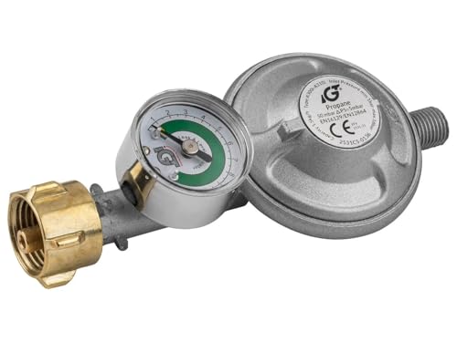 Gasdruckregler mit Manometer perfekt für Gasgrill DRF 428 – Druckminderer für 5 kg und 11 kg Propan-Gasflaschen mit KLF-Anschluss (G.12), 50 mbar Ausgangsdruck, gemäß EN 16129