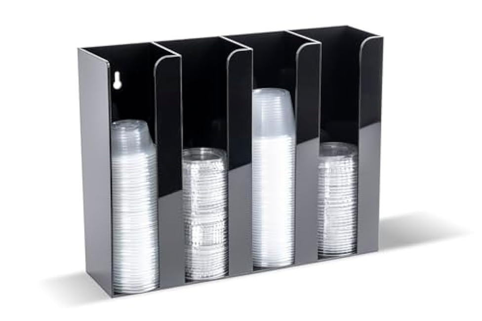 Portion Cup and Lid Holder - 4 Compartment Acrylic Organizer for Condiment & Sauce Cups, Fits Cups 2 oz to 5.5 oz in Size, Use Dispenser on Countertop or Wall Mount