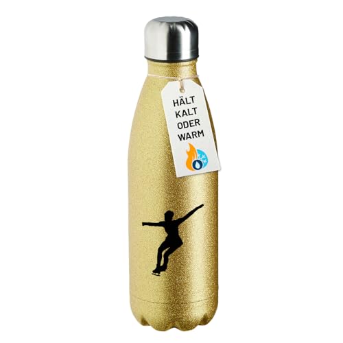 Huuraa Glitzerflasche Eiskunstlauf Silhouette Geschenk 500ml Gold Wasserflasche Eiskunstlauf Mitbringsel