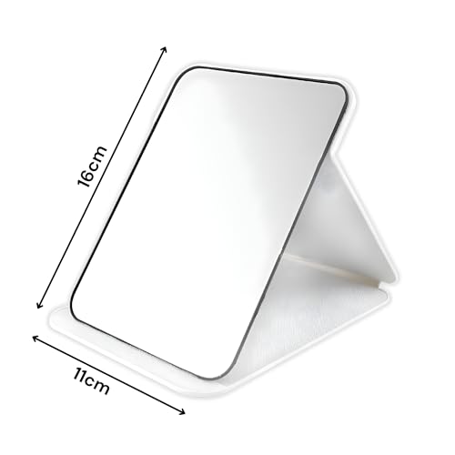 Image of Foldable Makeup Mirror with Stand Portable Travel Vanity Table Top Mirror for Women & Men | Rectangle 16x11cm PU Leather, White, Adjustable & Compact (White)
