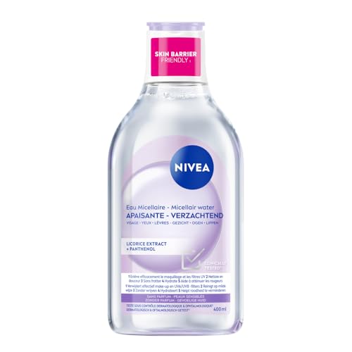 NIVEA MicellAIR SKIN BREATHE Eau Micellaire Peaux Sensibles (1 x 400 ml), démaquillant 3 en 1 sans parfum ni colorant, nettoyant visage, yeux & lèvres