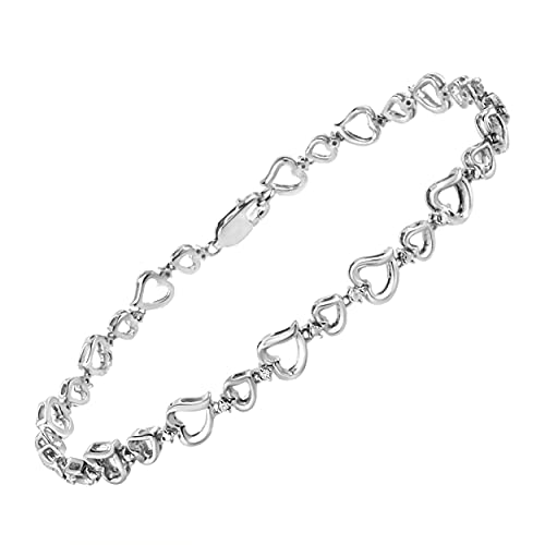 .925 Sterling Silver Prong Set Diamond Accent Alternating Heart Link Bracelet (I-J Color, I3 Clarity) - 7.25" Inches #TOP1