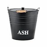 Easy Shopping® 12L Metal Ash Bucket Black Fireside Storage Coal Ash Bin Fire Log Container With Wood Handle and Black Lid