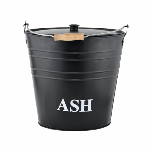 Easy Shopping® 12L Metal Ash Bucket Black Fireside Storage Coal Ash Bin Fire Log Container With Wood Handle and Black Lid