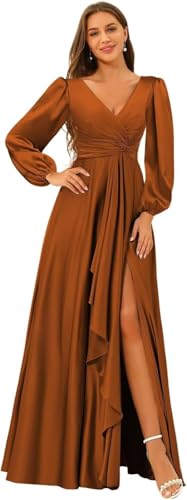 Women's Satin Bridesmaid Dresses with Long Sleeves V-Neck Ruched Formal Evening Gown VS106