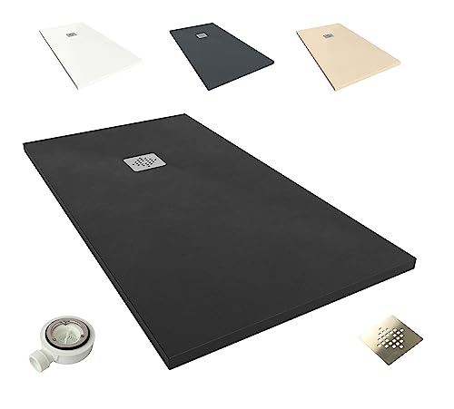 NEBADOON | Plato de Ducha de Modelo Roma II – Plato Ducha Resina con Textura Pizarra - Antideslizante y Antibacteriano – Negro (RAL 9005) 70x70 cm – Incluye Válvula Desagüe y Rejilla
