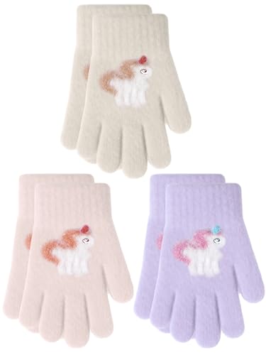 EBOOT 3 Pairs Kids Winter Knit Gloves Stretchy Full Finger Fluffy Mittens for Toddler Boys Girls 1-11 Years(Lovely Colors,1-3 Years,Pegasus Style)