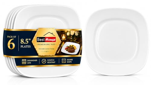 Image of BH | Opalware Square Dessert Plates White | Set of 6 | 8.5 Inch / 21.5 cm | Side Plates for Cake, Desserts, Snacks & Starters | Microwave, Oven, and Dishwasher Safe Tableware – By Best House