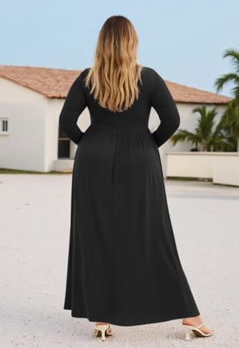 Image of Nemidor Plus Size Maxi Dress for Curvy Women Fall Casual Loose Long Sleeve Dresses with Pocket 14-26