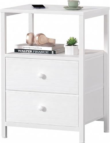 Lufeiya Mesita de Noche con 2 Cajones, Mesa Auxiliar Moderna de Madera, Marco de Metal Estable, Cómoda para Dormitorio, Salón, Pasillo, Fácil Montaje