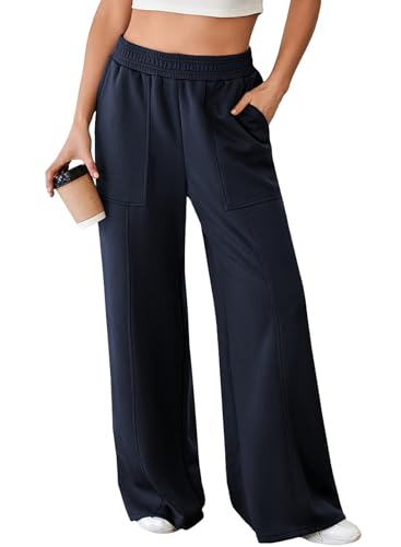 Aleumdr Women's Wide Leg Pants with Pockets Casual Sweatpants Elastic High Waisted Flared Pants Athletic Joggers Navy Blue Small