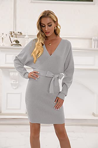 Imuedaen Trui-jurk voor dames, V-hals, elegante gebreide jurk, lange mouwen, pullover, tuniek, jurk met riem, voor herfst en winter - Image 3