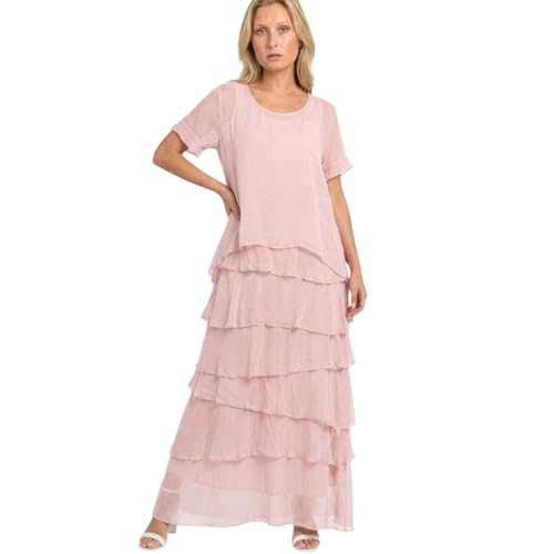 Image of Alam Exclusive Ladies Womens Italian Lagenlook Plain Short Sleeve Frill Frayed Detail Silk Midi Maxi Dress One Size (UK, Numeric, 8, 16, Regular, Regular, Pale Pink)