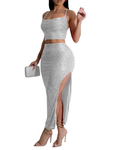 WOKANSE Sparkly Two Piece Set for Women Sequin Spaghetti Strap Backless Tank Top Side Slit Long Skirt Set Club Wear