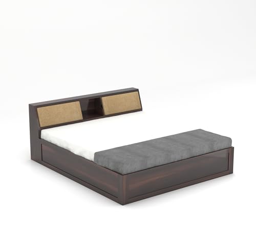 Image of Sheesham Wood Queen Size Bed with Box Storage Wooden Double Bed Cot Bed Furniture for Bedroom Living Room Home (Walnut Finish)