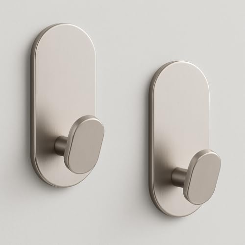 Adhesive Towel Hooks for Bathrooms 2 Pack Brushed Nickel Stainless Steel and Zinc Alloy Sticky Wall Hooks for Hanging Heavy Duty Self Adhesive Robe Shower Hanger for Kitchen, Closet, Cabinet, Door