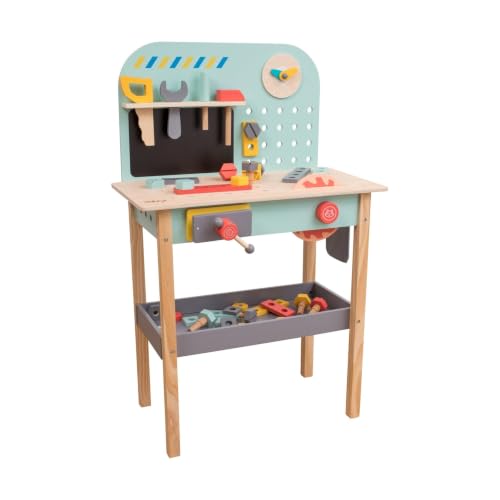 Owl & Fox Wooden Workbench Pretend and Play Tool Workshop with Saw Spanner Hammer Screws and Accessories Role Play for Kids 3+ Sustainable Traditional & Stylish 54.5 x 32 x 85 cm (h)