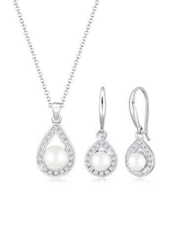 Preisvergleich Produktbild Elli PREMIUM Schmuckset Damen Tropfen Anhänger glamourös elegant mit Süßwasserperlen und Zirkonia Kristallen in 925 Sterling Silber