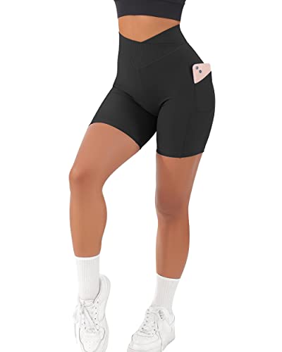 RXRXCOCO Damen Cross Waist Gerippte Kurze Sporthose mit Handytasche Nahtlos...