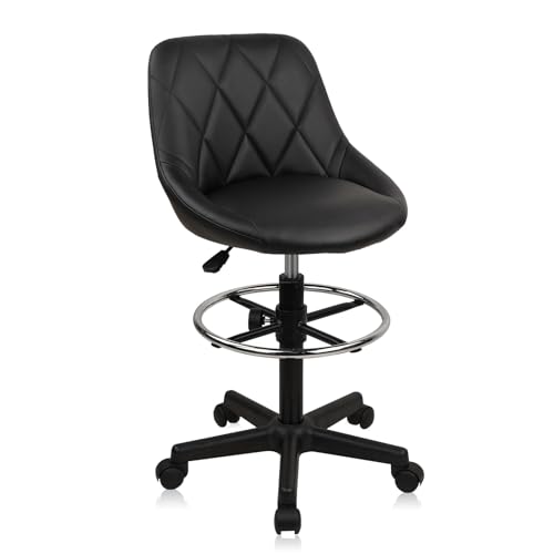Image of KLASIKA Drafting Chair with Back, Leather Rolling Swivel Stool with Adjustable Height and Footrest, Ergonomic Tall Standing Desk Office Chairs with Wheels for Home Work Shop Kitchen Bar, 1PK