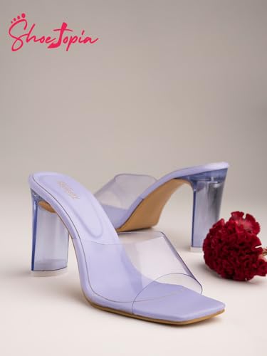 Image of Shoetopia Women's Transparent Block Heels | Stylish Square Toe Slip-On Party Comfortable Sandals