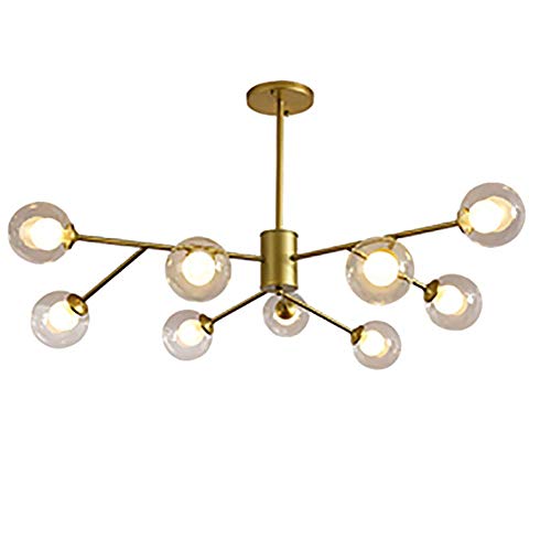 MKKM Lustre À 6 Lumières D'Or Avec Verre Transparent Globes Milieu Du Siècle Pendentif D'Appareils D'Éclairage Lustres Ferme Branches Plafond Lumière Pour Salon Chambre D'Or 6 Head,D'Or,9 Têtes