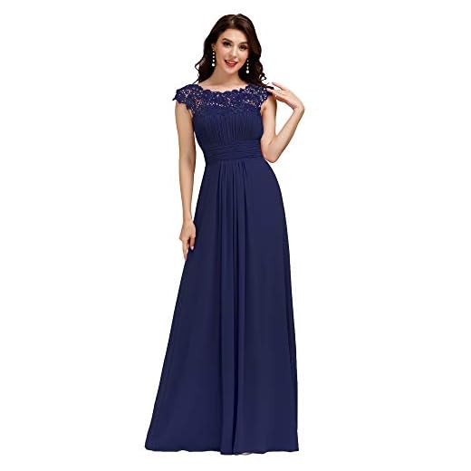 Ever-Pretty Vestidos de Noche Encaje Gasa Cuello Redondo Corte Imperio A-línea para Mujer Azul Marino 38