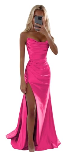 SELFGENIC Womens 2026 Hot Pink Prom Dress Long Satin with Slit Strapless Formal Evening Party...