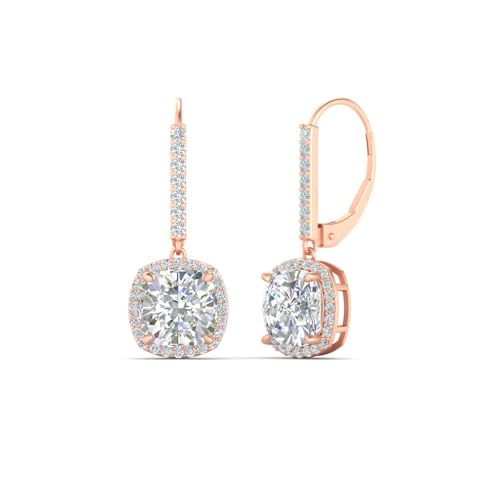 Halo Dangle Earrings 14K Rose Gold 3 Carat Cushion Cut