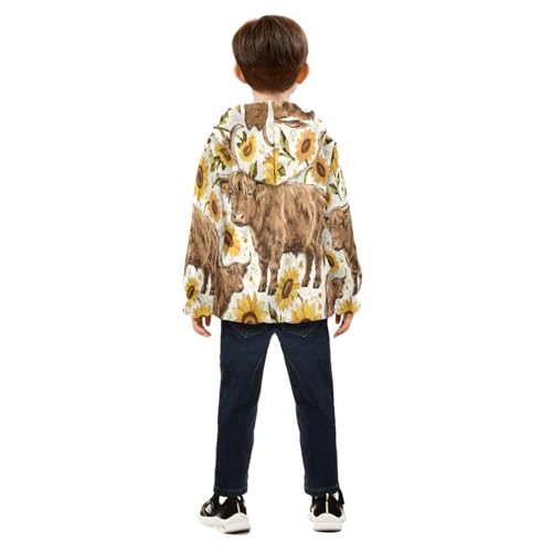 Brown Cows and Yellow Flowers Toddler Fleece Jacket Girl Boys Hooded Fleece Jacket Coat Warm Outwear Zip-up 3-10T4