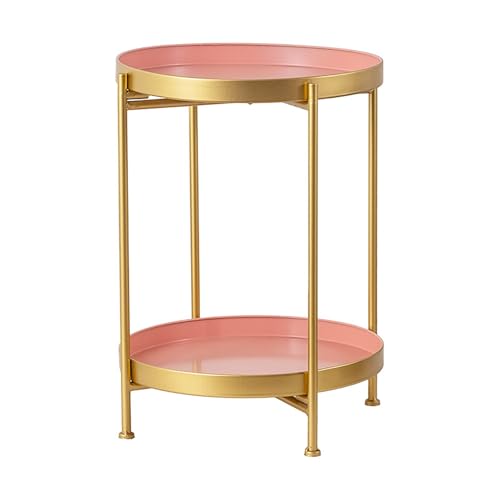 Runder Beistelltisch aus Metall mit abnehmbarem Tablett, 2 Etagen, Beistelltisch für Wohnzimmer, Schlafzimmer, Balkon, Terrasse, rosa Farbe, Couchtisch, Teetisch, Nachttisch, Sofatisch