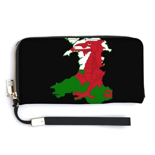 Flag Map of Wales Leather Wallet Fashion Bifold Purse Long Pouch with Wrist Strap for Men Women