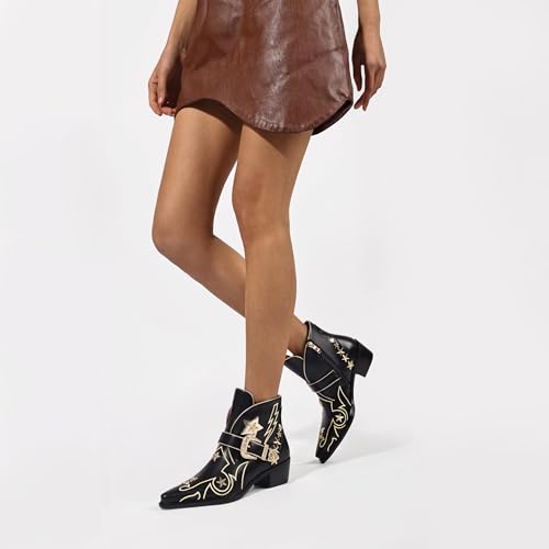 Women’s Western Ankle Boots Star Embroidered Cowgirl Boots Pointed Toe Low Heel with Metal Buckle for Festivals Concerts and Outdoor Adventures2