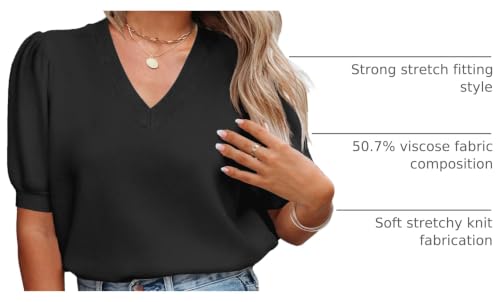 Image of Womens Puff Short Sleeve Sweater Tops Crewneck Basic Knit Pullover Lightweight Solid Casual Sweaters