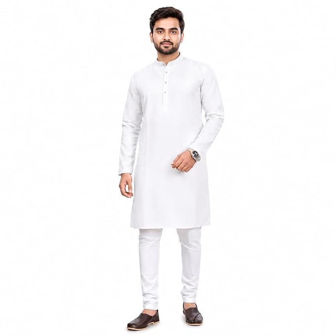 Men's Cotton Blend Kurta Pajama Set for Men | Regular Fit Ethnic Wear | Long Sleeve Solid White Kurta with Pajama | Traditional Indian Festive-image-11