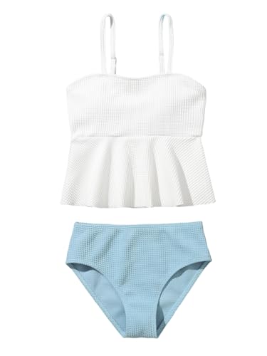 Image of QJQ Girl's 2 Piece High Waisted Swimsuits Ruffle Waffle Bathing Suit Summer Cute Bikini Sets
