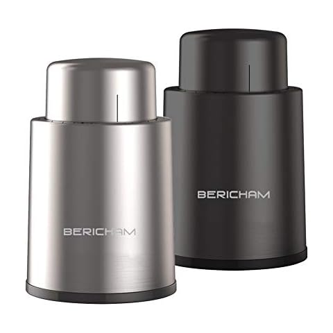 BeRicham Vacuum Wine Stoppers with Time Scale Record, Leakproof Wine Corks/Wine Preserver/Wine Sealer to Keep Wine Fresh, Gifts for Wine Lovers, Fits Any Bottle (2 Pack - Stainless Steel & ABS/Black) Cover