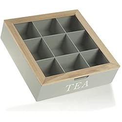com-four® Caja de té con 9 Compartimentos para hasta 90 bolsitas de té - Caja de Almacenamiento de Madera Gris para té (1 x Caja de té Gris)