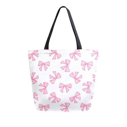 Light Pink Bows Cute Pink Bow Canvas Tote Bag for Women with Zipper Pocket Reusable Grocery Shopping Bags Large Travel Shoulder Bag Handbag Bags