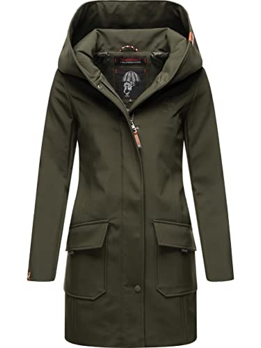MARIKOO Damen Übergangsjacke Softshellmantel wasserdicht atmungsaktiv mit Kapuze Mayleen Olive Gr. XXL