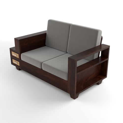 Image of Sheesham Wood 4 Seater Sofa Set with 2 Drawer Storage | 2+2 Wooden Sofa Set Furniture for Living Room Home Office (Natural Cane,Walnut Finish)