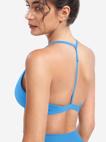 Image of YEOREO CoreFlex Women Sports Bras | Strappy, Padded, Halter, Open Back, Light Impact, Deep V Neck, Yoga, Workout, Gym