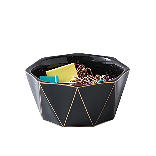 YOSCO Paper Clip Holder With Gold Line Geometric Ceramic Paper Clip Dispenser for Desk Cute Paper Clip Organizer Office Binder Clip Holder (Black)
