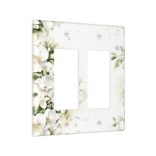 Decorative Outlet Covers Rustic Ink Green Leaves White Florals Flower 2 Gang Light Switch Cover Plate Double Rocker Wall Plate Switch Plate Covers Faceplate for Bedroom Home Decor