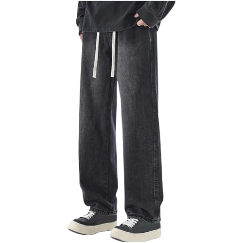 Men's Summer Denim Pants Vintage Wide Leg Pants with Pockets 2025 Trendy Casual Baggy Elastic Waist Drawstring Pants