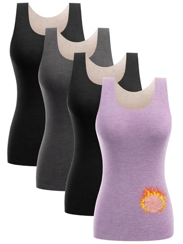 Mexholin 4 Pack Thermal Tank Tops Women Fleece Lined Underwear Tops Soft Camisoles Sleeveless Undershirt Warm Base Layer Vest Black/Gray/Black/Purple M