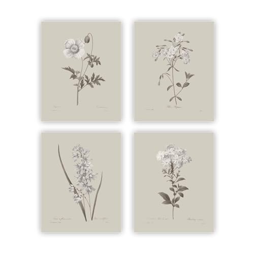 heilkee Vintage Botanical Prints Neutral Flower Wall Art Rustic Farmhouse Decor for Kitchen Floral Pictures Wall Decor for Bedroom Bathroom Office Living Room Set of 4(UNFRAMED 8x10in)