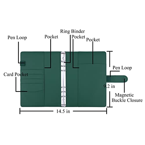 Image of Antner A5 Notebook Photocard Binder with 6 Ring Planner, PU Leather Refillable Budget Binder Loose Leaf Organizer Cover with Magnetic Buckle, Dark Green